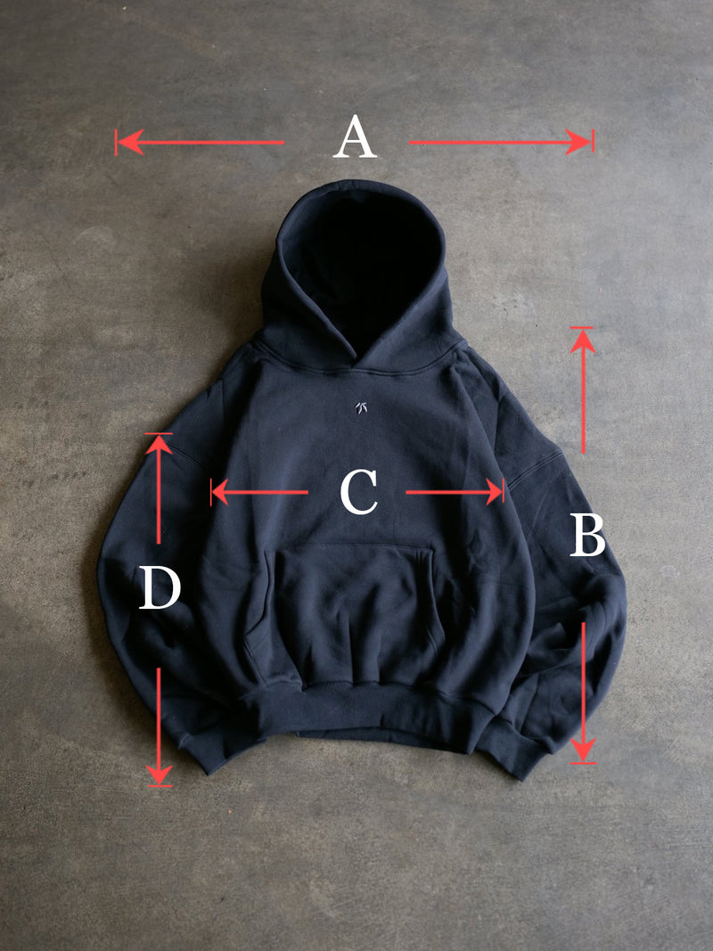 Goji Longevity jet black hoodie sizing guide with arrows