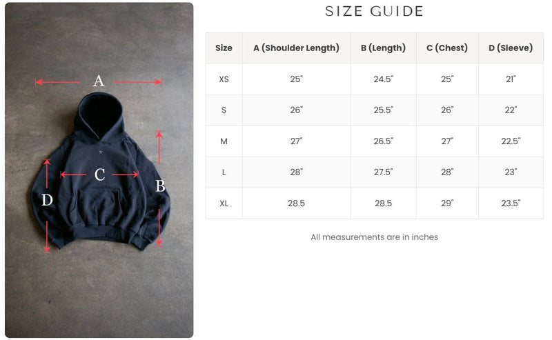 Size guide for Goji Longevity jet black hoodie