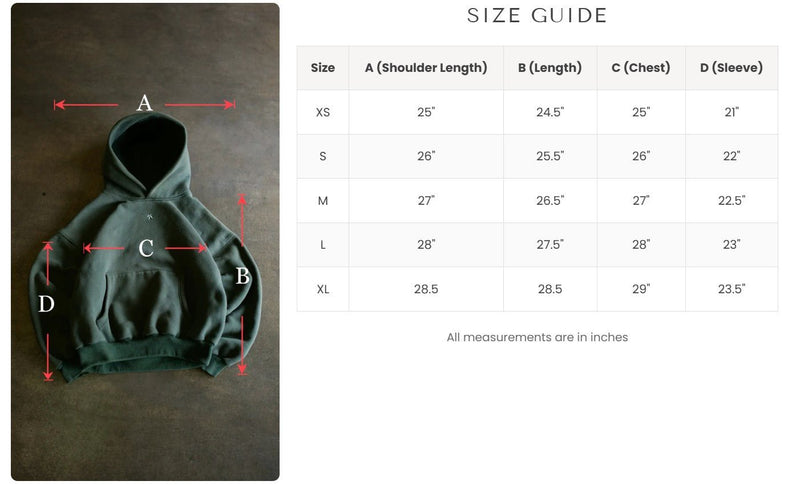 Size guide for Goji Longevity forest green hoodie