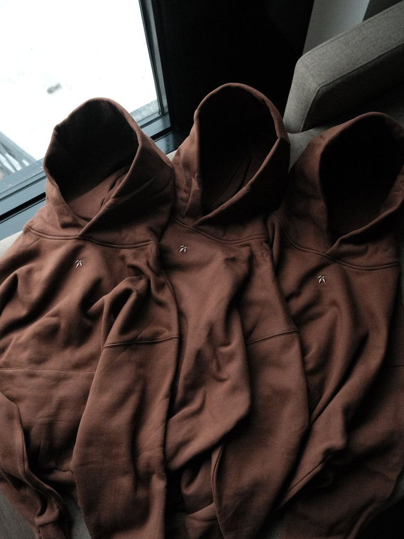 Goji Longevity dark brown heavyweight organic cotton unisex hoodie — detail