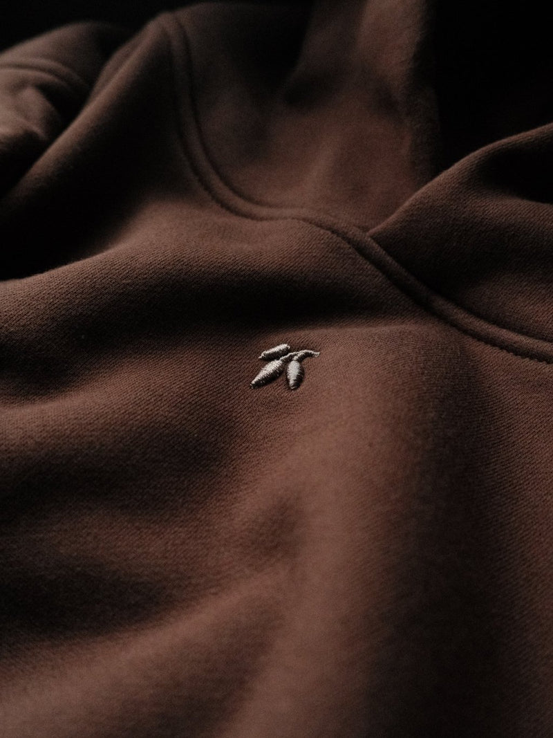 Goji Longevity dark mocha neutral-tone streetwear hoodie — model front view