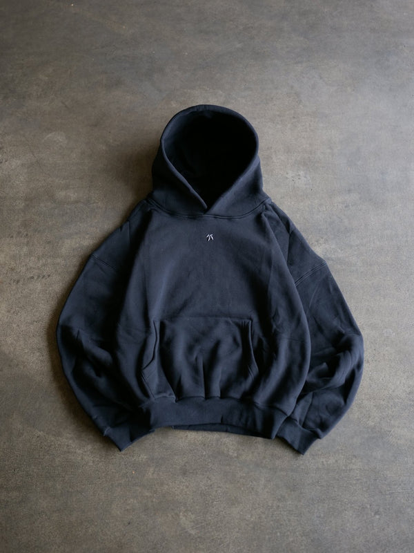 Goji Longevity jet black heavyweight oversized cropped hoodie — front view