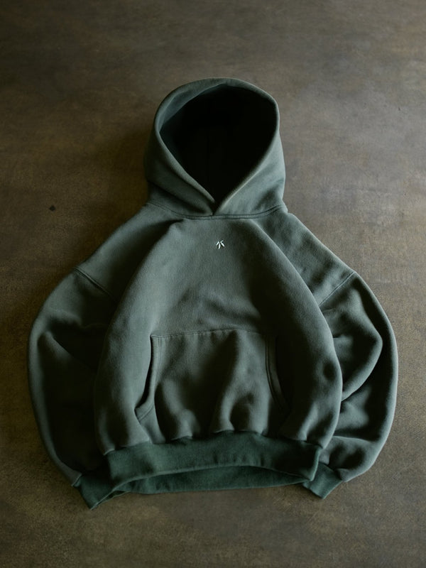 Goji Longevity forest green heavyweight oversized cropped hoodie — front view