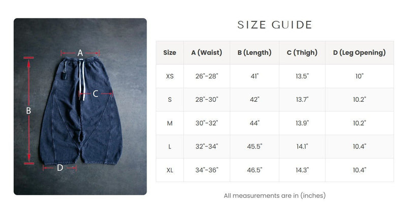 Size guide for Goji Longevity black washed wide-fit sweatpants