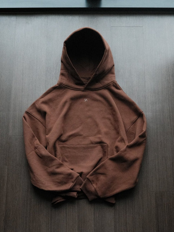 Goji Longevity dark mocha heavyweight oversized cropped hoodie — front view