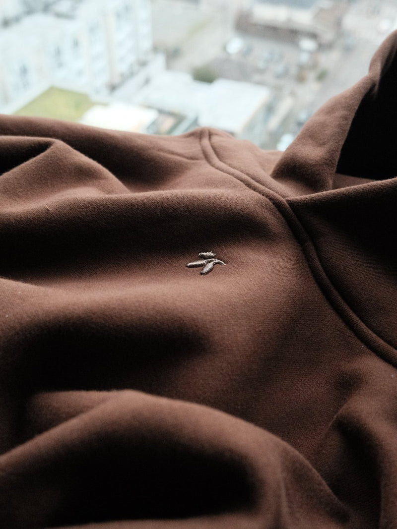 Goji Longevity unisex dark mocha oversized cropped streetwear hoodie — side view